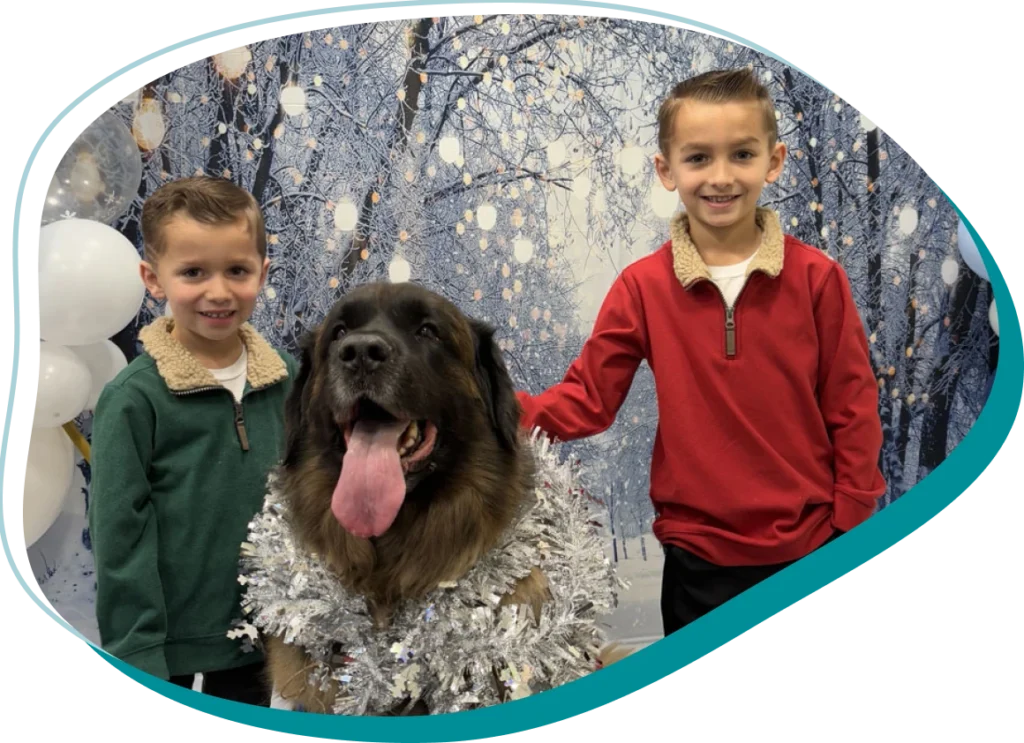 Two boys standing with a large Newfoundland dog